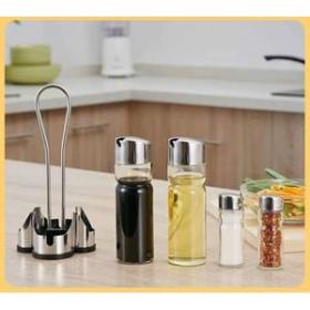 Ensemble de 4 Pieces distributeur d'huile et de vinaigre Salière et poivrière, avec support en acier inoxydable