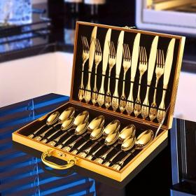 Couverts de Luxe en Acier Inoxydable, Couleur Or, Fourchette, Couteau, Cuillère, Boîte Doré 24 Pièces