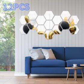 Pack 12 Pcs Miroirs muraux décoratifs hexagonaux 3D